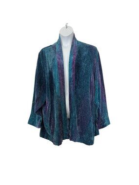 VTG Guatemalan Handwoven Velour Open Front Cardigan 3X Teal Purple Pockets Boho